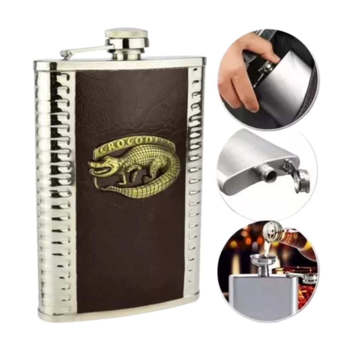 Cantil De Bolso Crocodilo Marrom Escuro Porta Bebidas Cantil De Bolso Crocodilo Marrom Escuro Porta Bebidas